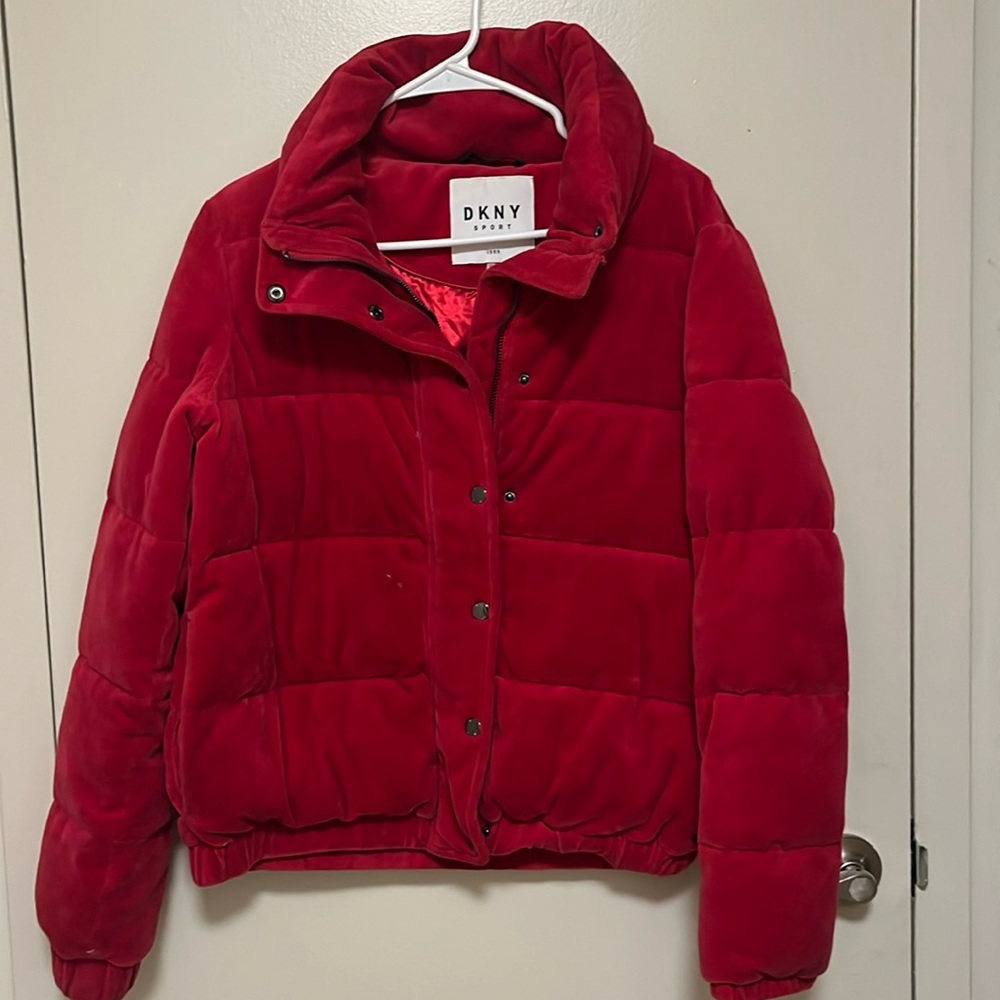 Worn once authentic Donna Karen New York velvet puffer jacket. High collar